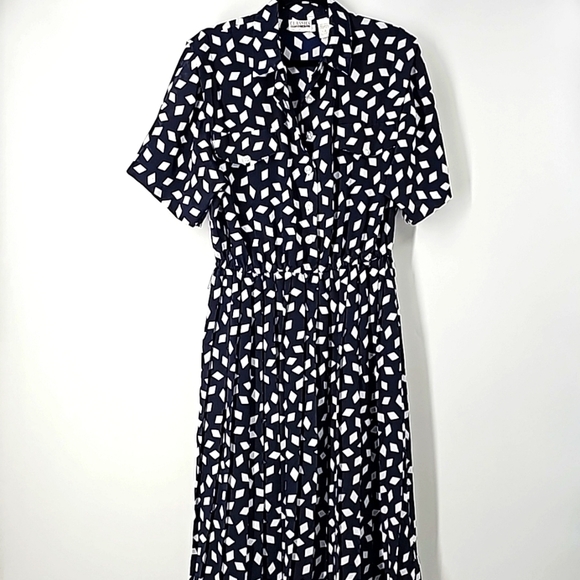 Vintage Leslie Fay Pleated Flowy Shirt Dress Diamond Fabric+Faux Pockets - Picture 17 of 17